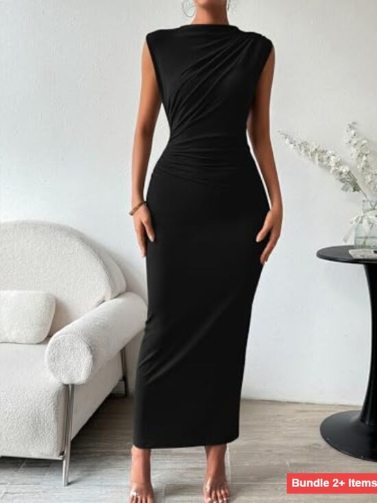 Ruched Bodycon Maxi Dress Sleeveless Back Slit Cocktail Party Evening - Picture 2 of 7